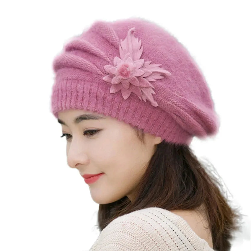 Women's Floral Knit Beanie – Warm Soft Winter Ski Hat Knit Winter Beanie Qst