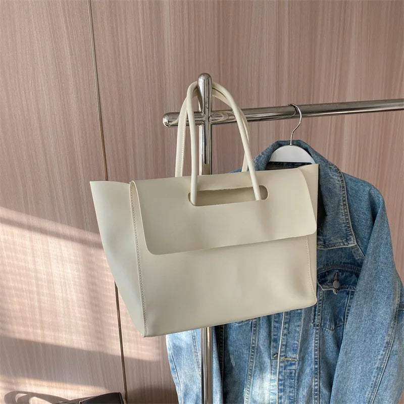 Korean Retro Tote Bag – Premium PU Commuter Handbag Tote Handbag Qme Beige
