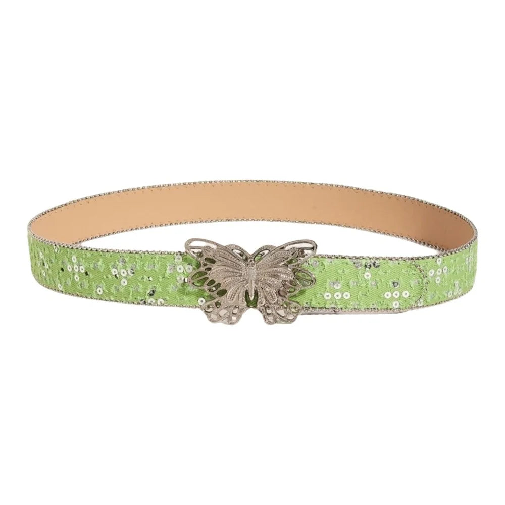 Sequin Butterfly Wide Belt – Y2K Punk Korean Denim Style Wide Fashion Belt Qme Green