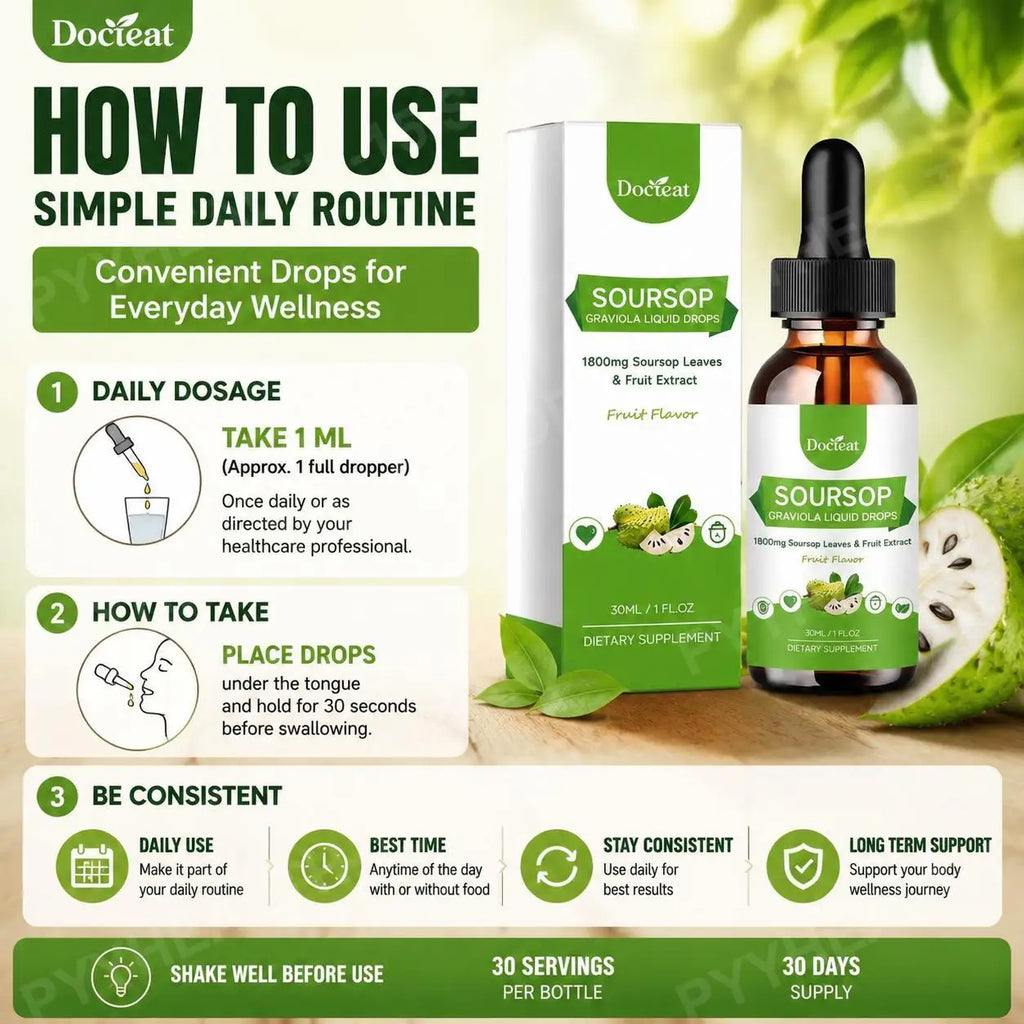 DOCTEAT Soursop Graviola Liquid Drops 500mg – Daily Vitality 30mL Herbal Liquid Supplement Qst