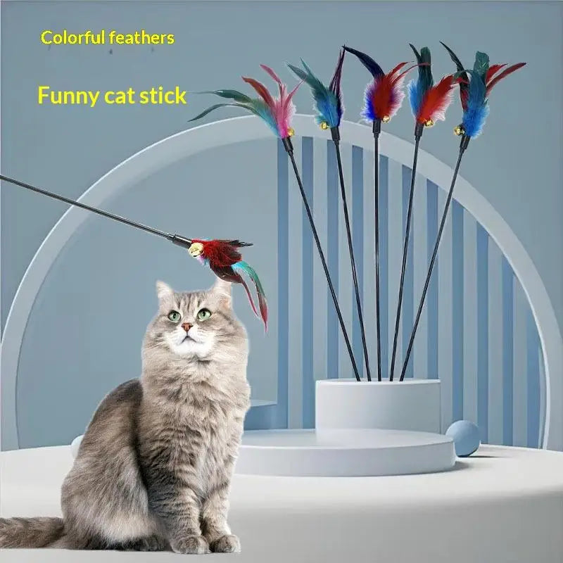 Cat Interactive Wand Toy – Colorful Chicken Stick & Bell Cat Wand Toy Qme