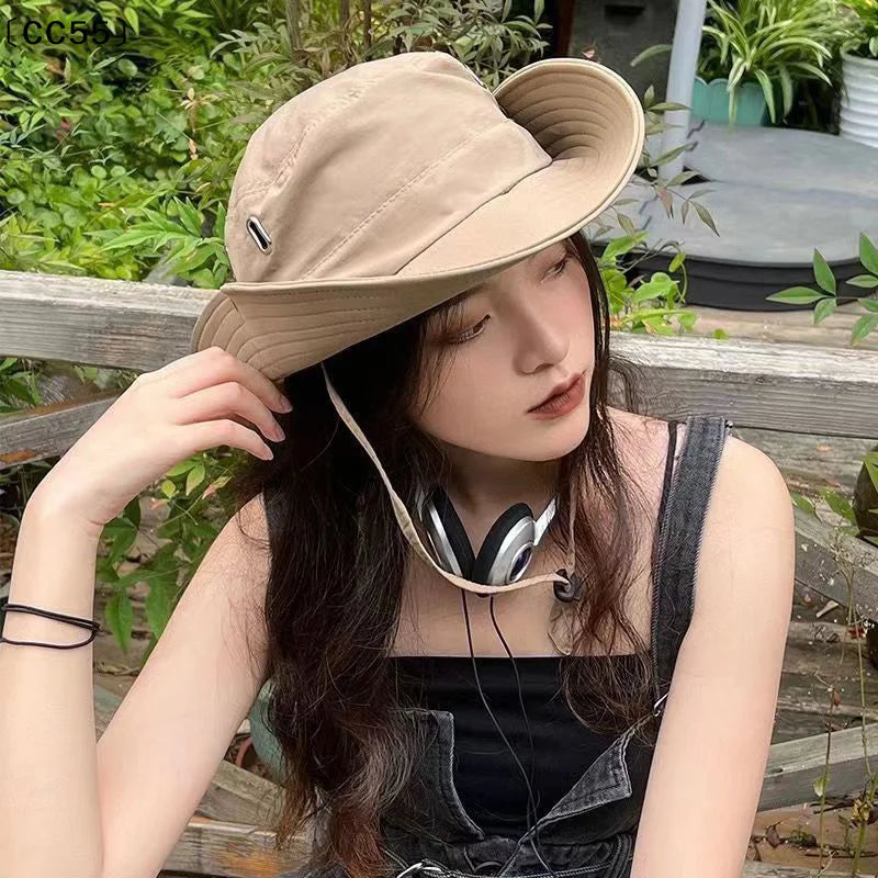 Wide Brim Sun Protection Bucket Hat with Drawstring Bucket Hat Qst