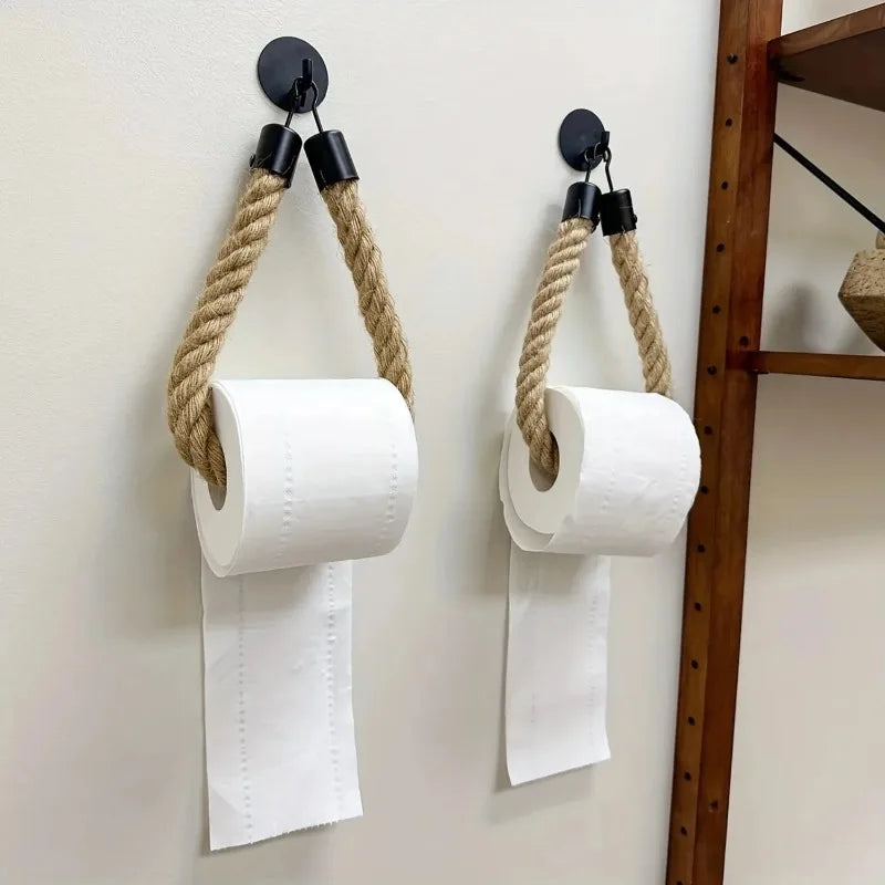 Retro Hemp Rope Toilet Paper Holder – No-Drill Wall Mount Toilet Paper Holder Qme