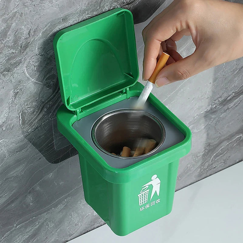 Wall-Mounted Stainless Steel Ashtray with Lid & Trash Can Wall-Mount Ashtray Qme Green