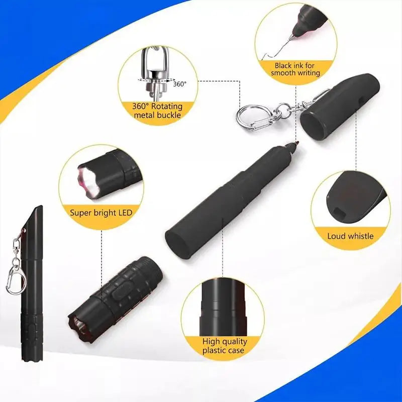 3-in-1 Ball Pen LED Flashlight & Whistle Keychain Tool Multi-Tool Keychain Qme