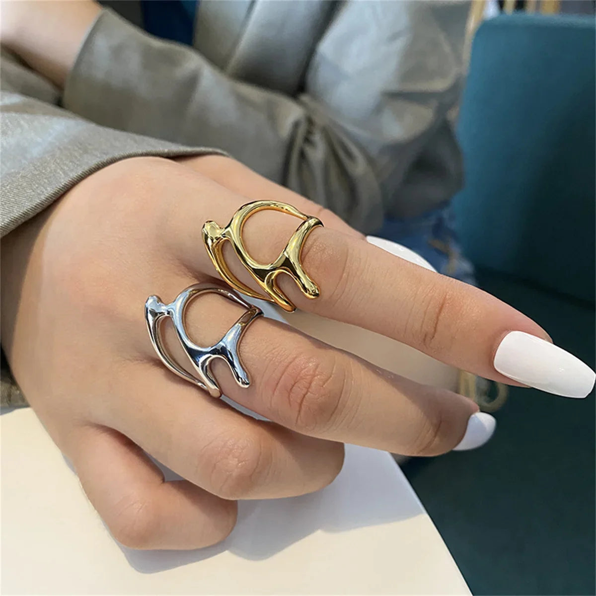 Y2K Silver Adjustable Punk Geometric Hollow Ring | Qme Adjustable Fashion Ring Qme
