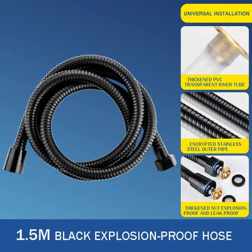 1.5M Black Flexible PVC Shower Hose | Bathroom Water Extension Flexible Shower Hose Qme