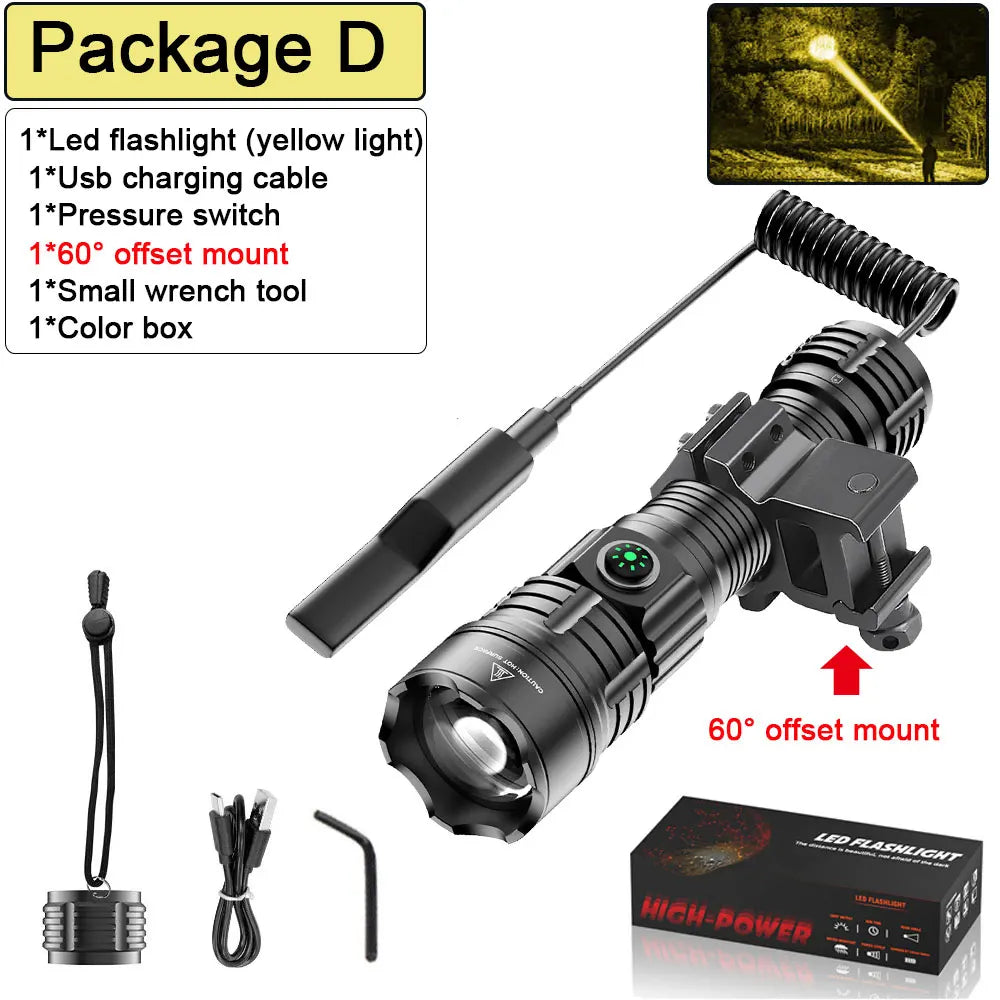 Tactical LED Flashlight 2000LM USB-C Rechargeable Zoomable Tactical Flashlight Qst Package D Yellow No battery