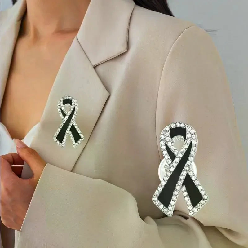 Black Rhinestone Ribbon Brooch Pin | Alloy Memorial Badge Rhinestone Brooch Pin Qme