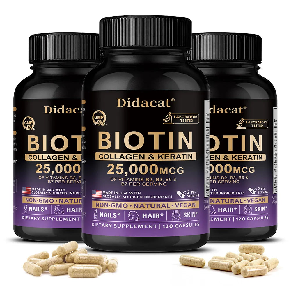 Biotin 25000mcg Capsules with Collagen & Keratin | Hair & Skin Beauty Supplement Capsules Qst 120 count-3 bottle