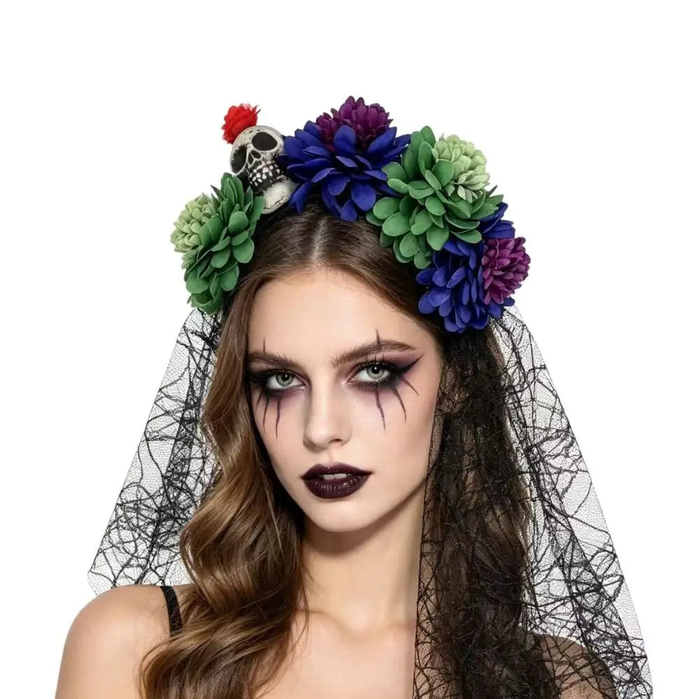 Halloween Flower Headband with Black Veil – 10 Colors Halloween Headband Qme