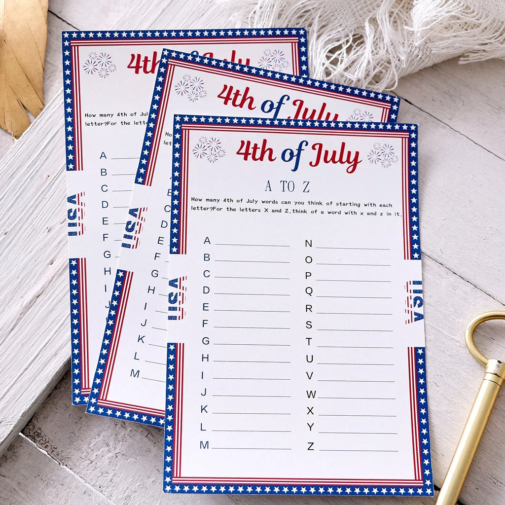 Independence Day A–Z Game Cards with Star Borders | Qme Party Game Cards Qme
