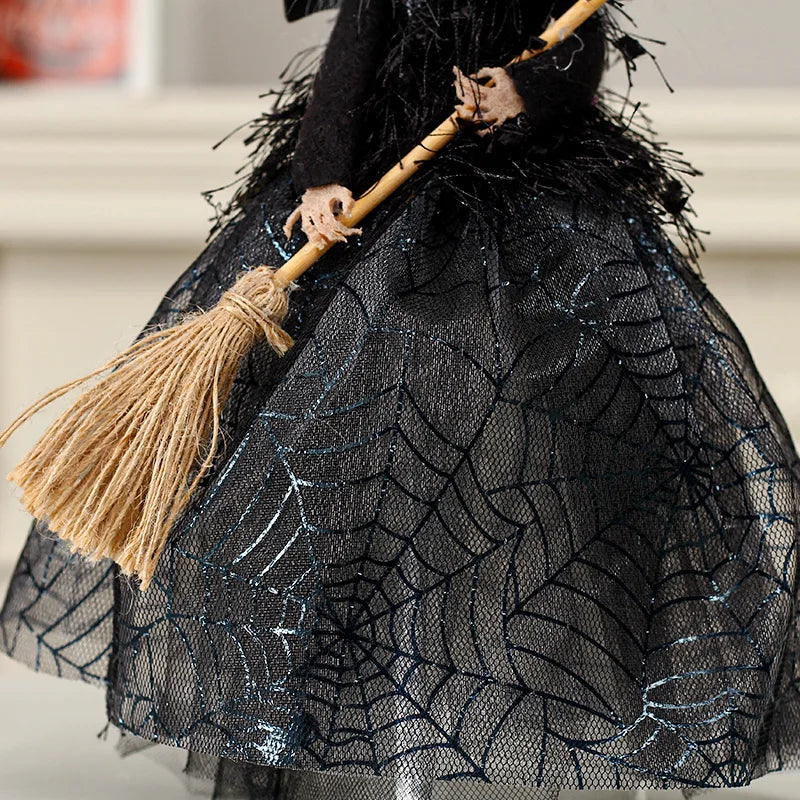 Halloween Witch Doll Ornament – Broom, Spider Web & Sequin Dress Halloween Ornament Qme