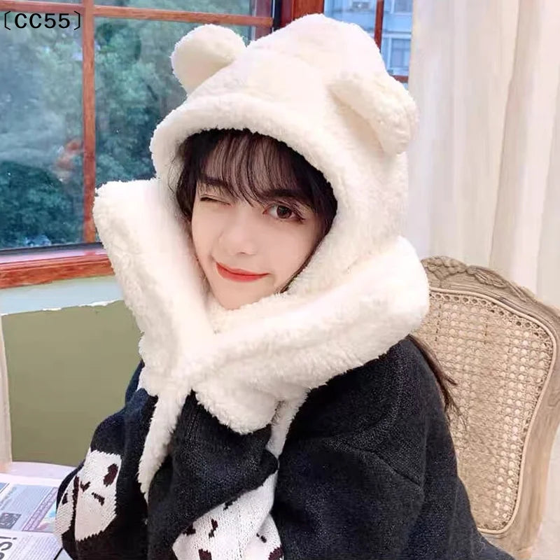 Cute Bear Ear Beanie Hat – Women's Plush Warm Winter Cap Winter Beanie Hat Qst