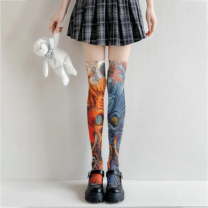 Women's 3D Tattoo Print Thigh-High Stockings | 13 Colors Thigh-High Stockings Qme