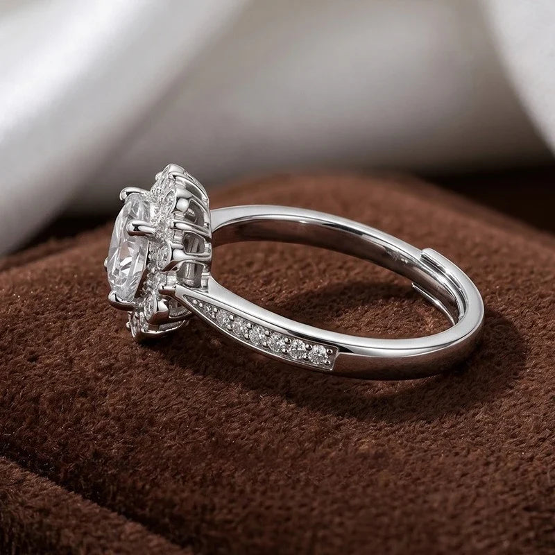 Sunflower Halo CZ Engagement Ring – Adjustable Open Band CZ Fashion Ring Qme