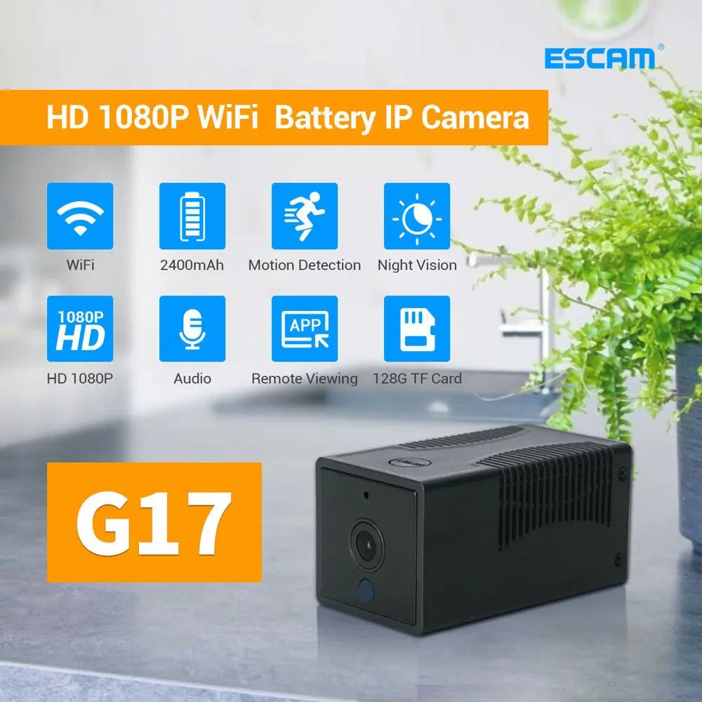 ESCAM G17 1080P Mini WiFi Security Camera | Rechargeable WiFi Security Camera Qme Standard ADD 32G UK Plug