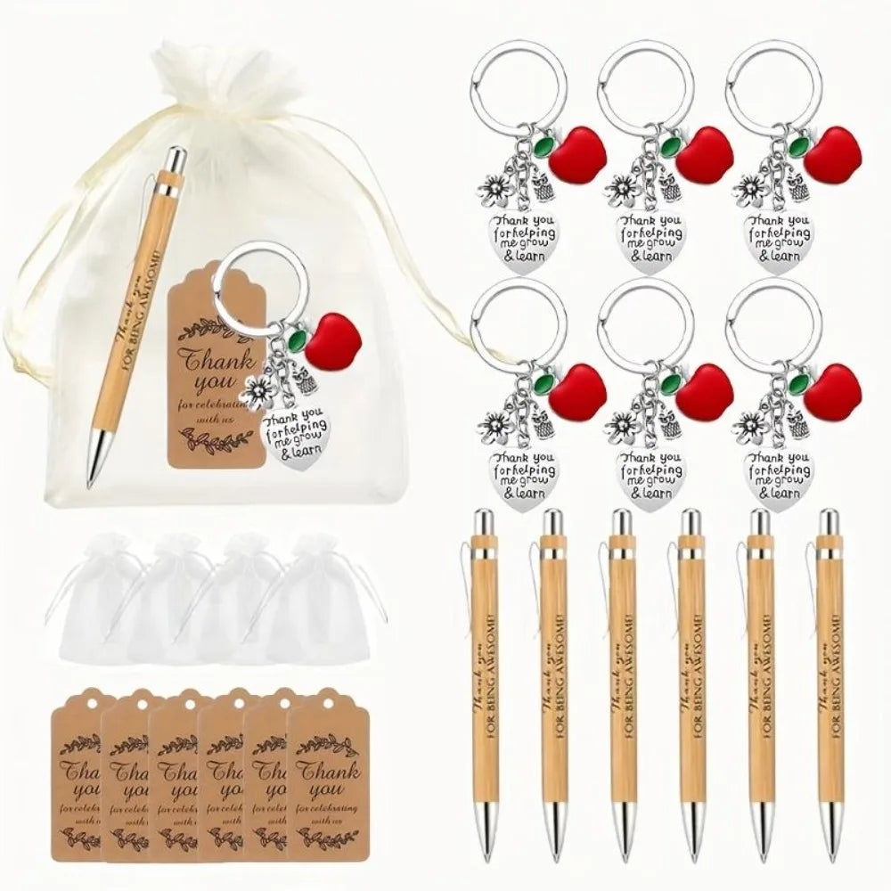 Teacher Appreciation Gift Set – 6 Sets Bamboo Pen Keychain & Card Teacher Gift Set Qme