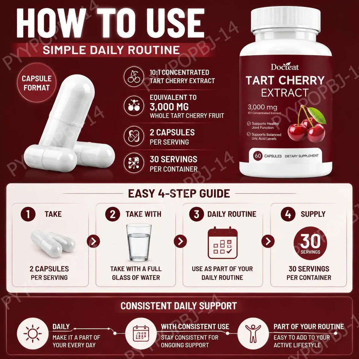 Docteat Tart Cherry Extract 10:1 Capsules – 60 Count Herbal Extract Capsules Qst