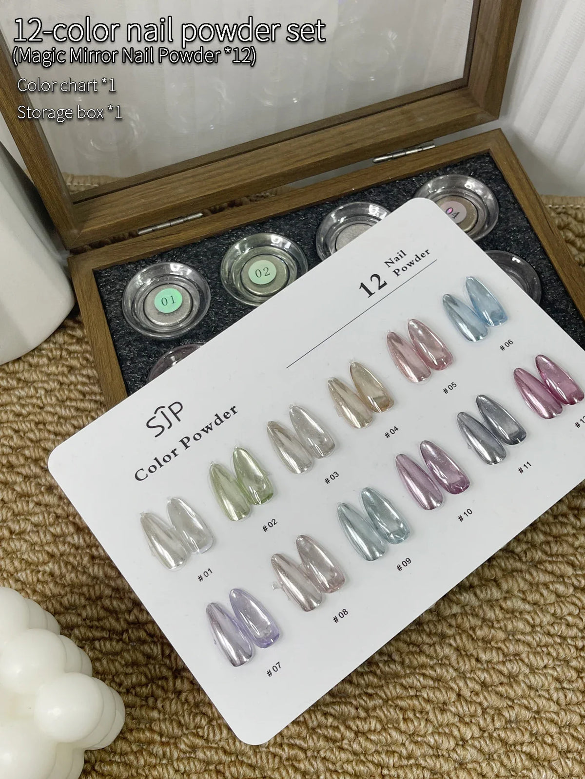 12-Color Mirror Nail Powder Set with Cards & Storage Box Mirror Nail Powder Kit Qme