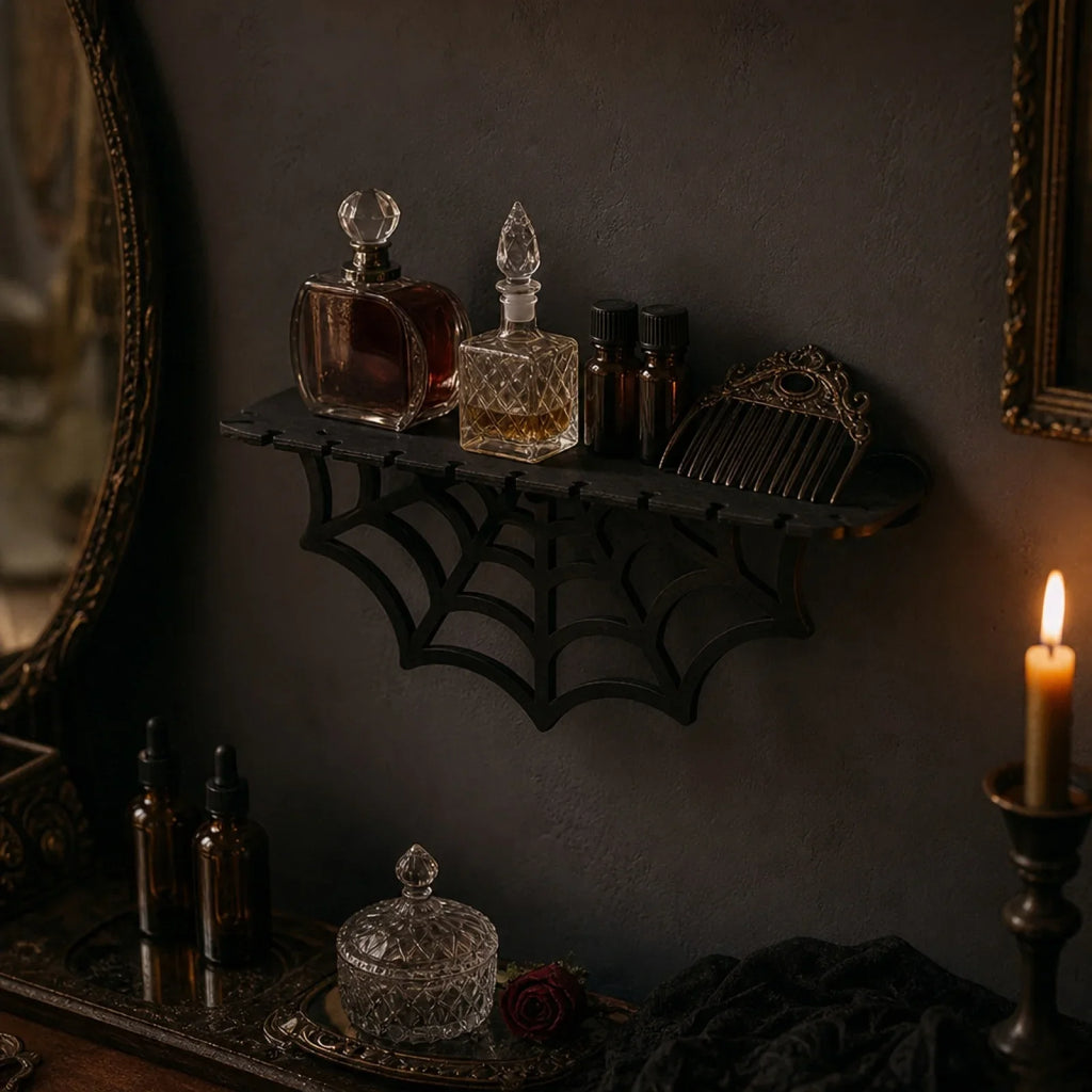Gothic Wooden Spider Web Wall Shelf – Storage Rack, 3 Colors Gothic Wall Shelf Qme