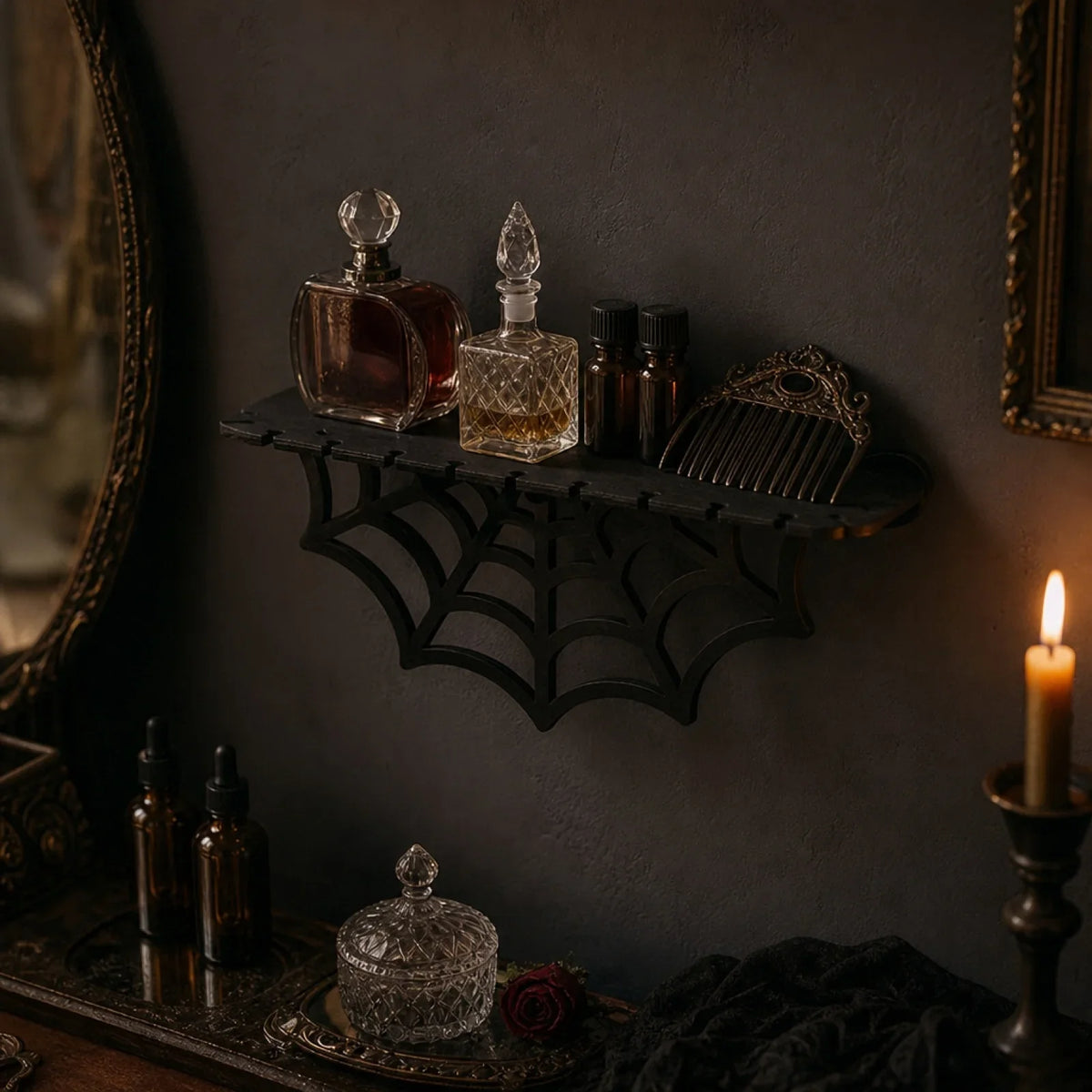 Gothic Wooden Spider Web Wall Shelf – Storage Rack, 3 Colors Gothic Wall Shelf Qme