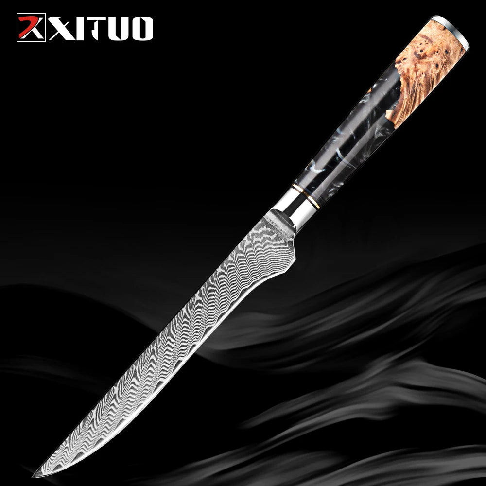 XITUO 6-Inch Damascus Steel Boning & Fillet Knife | Wood Handle Boning Knife Qst Boning Knife