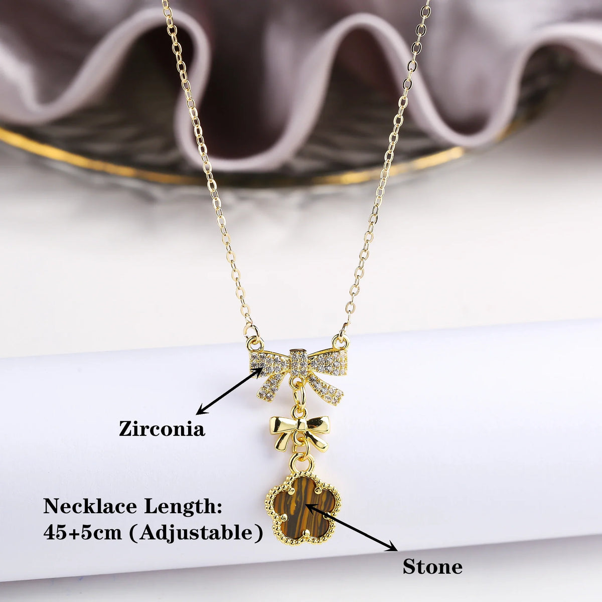 Natural Stone Five Leaf Flower Pendant Necklace | Zirconia Pendant Necklace Qme