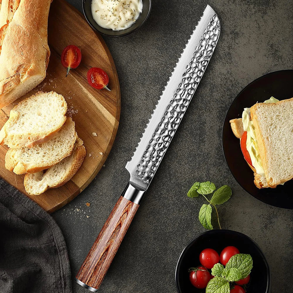 XITUO 8" Damascus Steel Serrated Bread Knife – Handcrafted Serrated Bread Knife Qst