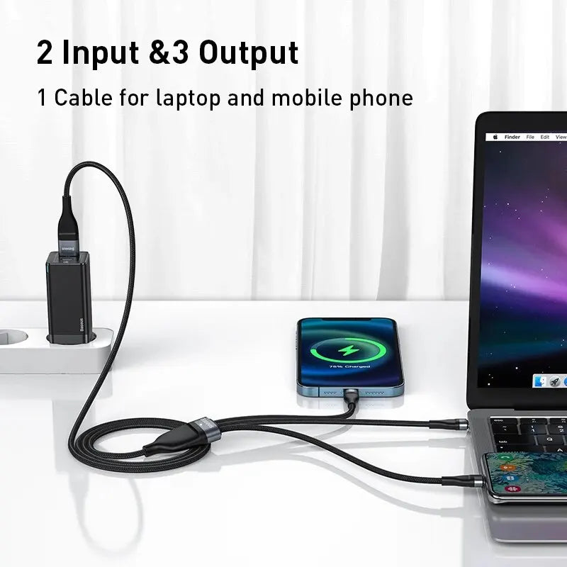 Baseus 3-in-1 USB-C Cable 100W for iPhone Samsung MacBook USB Charging Cable Qst