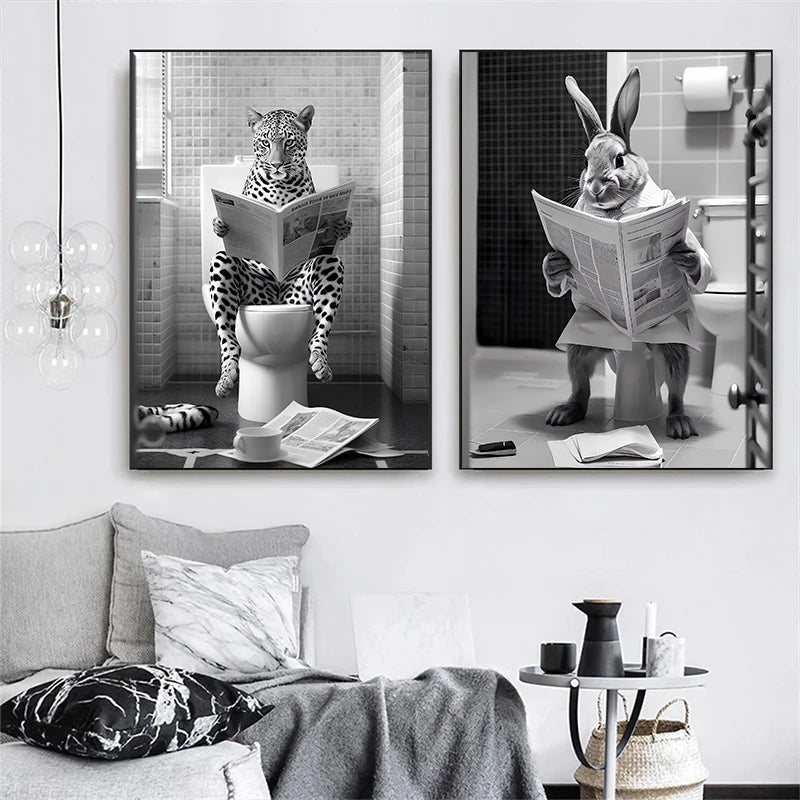 Funny Animal Toilet Canvas Wall Art – Bathroom Humor Poster Canvas Wall Art Qst