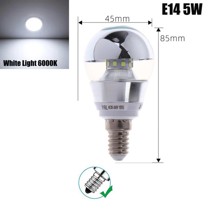 LED Mirror Bulb Half Silver 5W E27/E14 Filament Ball Lamp LED Decorative Bulb Qst E14 5W White