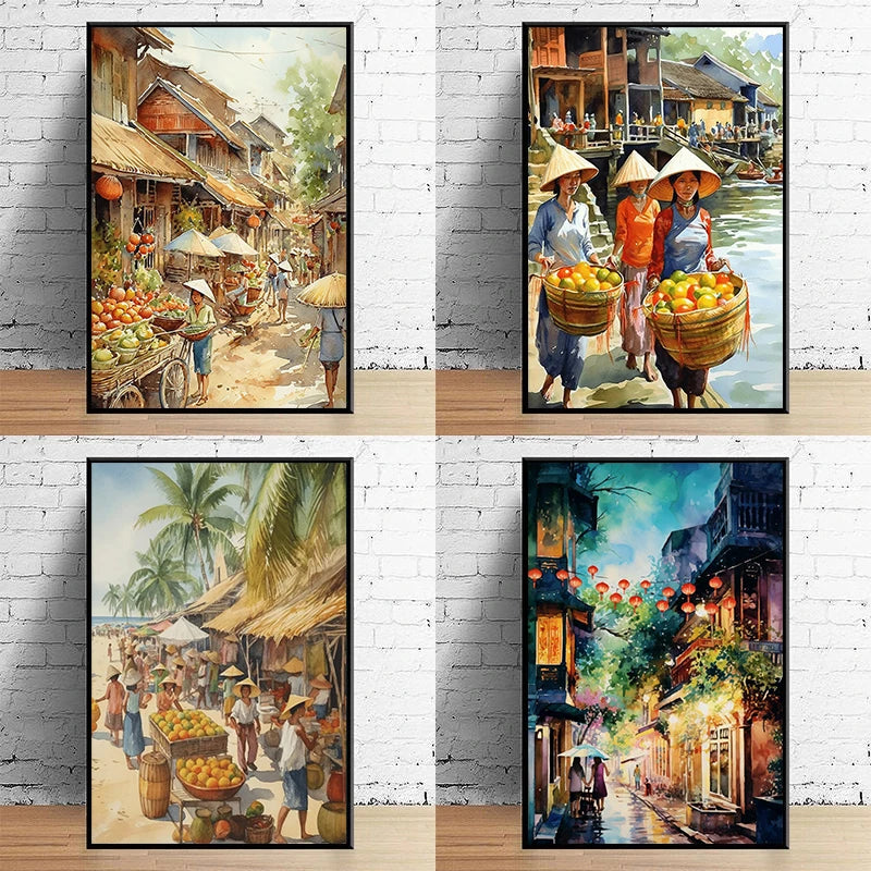 Vietnamese Village Canvas Wall Art – Vintage Watercolour Print Canvas Wall Art Qst