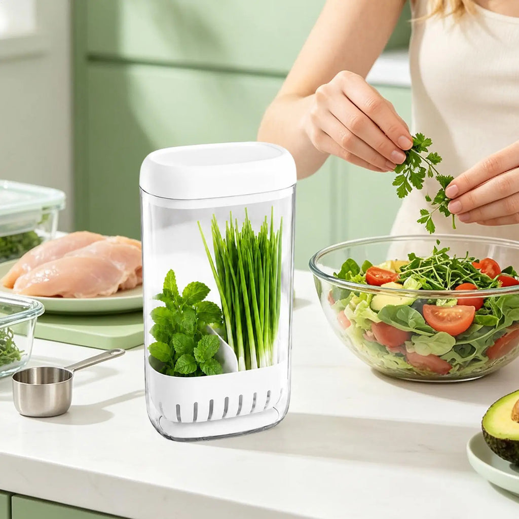 Cilantro Keeper with Drainage – Upright Space-Saving Produce Saver Produce Storage Container Qme