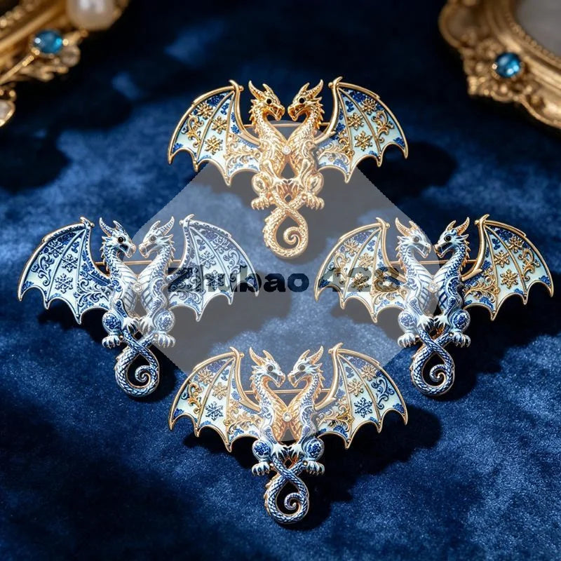 Double-Headed Dragon Brooch | Blue & White Enamel Lapel Pin Enamel Lapel Pin Qme