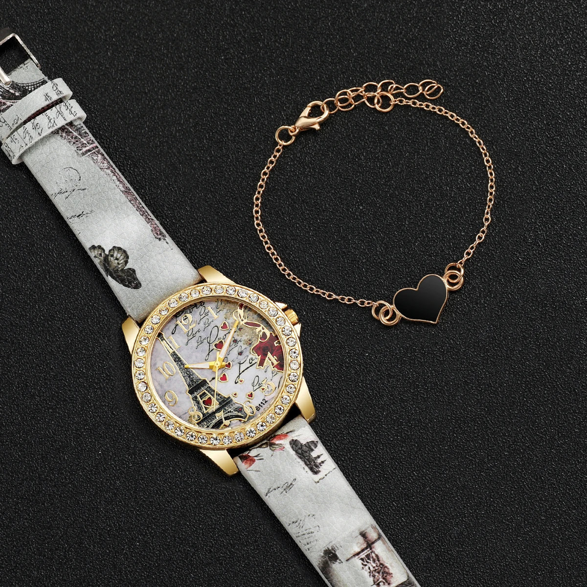 Eiffel Tower PU Leather Quartz Watch – Heart Strap, 2-Pack Fashion Quartz Watch Qme