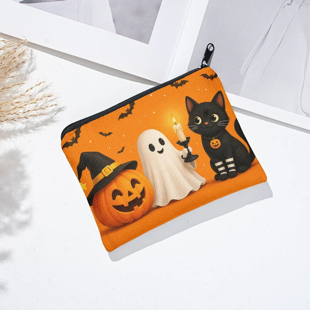 Halloween Pumpkin Ghost Black Cat Canvas Coin Purse Canvas Coin Purse Qme