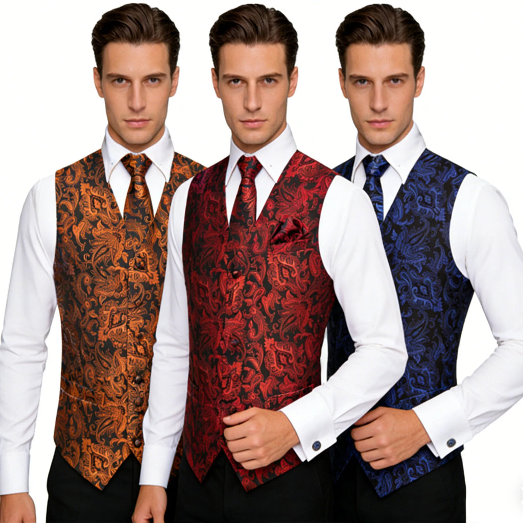 Men's Paisley Vest Tie Pocket Square & Cufflinks Set Formal Accessory Set Qme