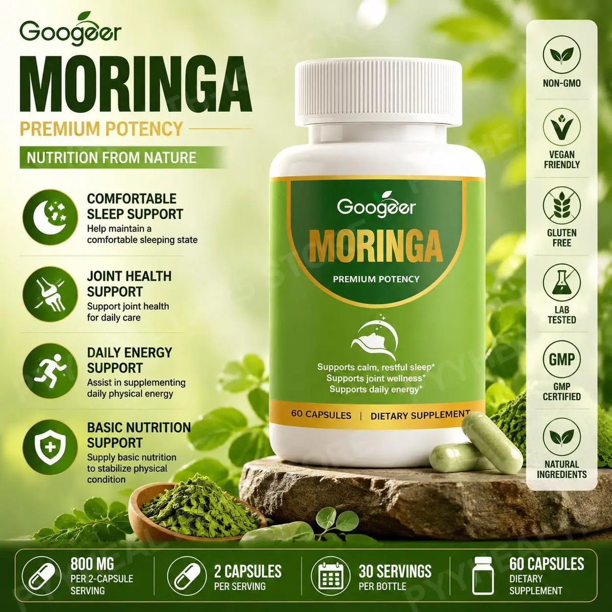 Moringa Leaf Extract Capsules 800mg 8:1 Formula – 60 Count Herbal Supplement Qst