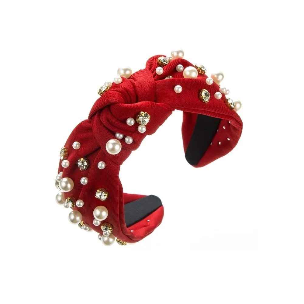Rhinestone Pearl Wide Headband Hair Hoop – 12 Colors Pearl Rhinestone Headband Qme Red