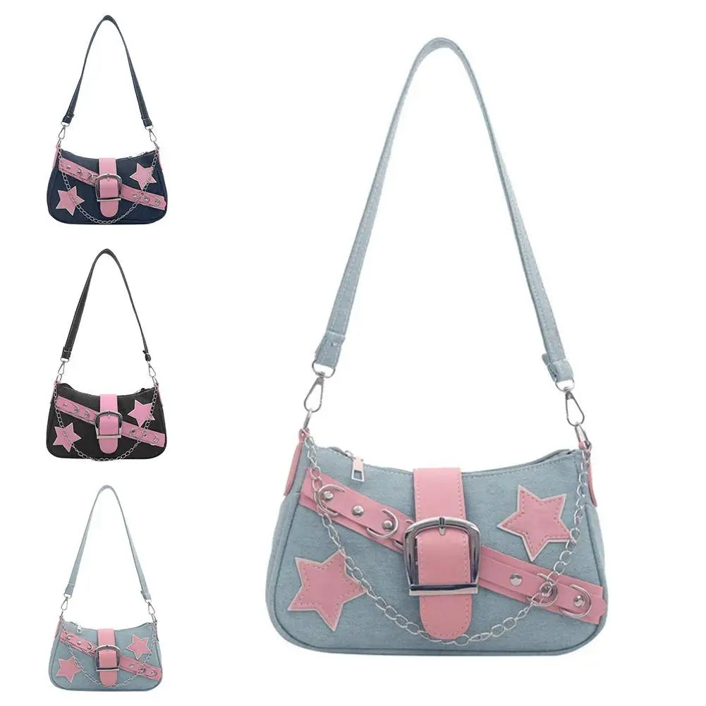 Women's Denim Stars Underarm Shoulder Bag – Trendy Handbag Underarm Shoulder Bag Qme