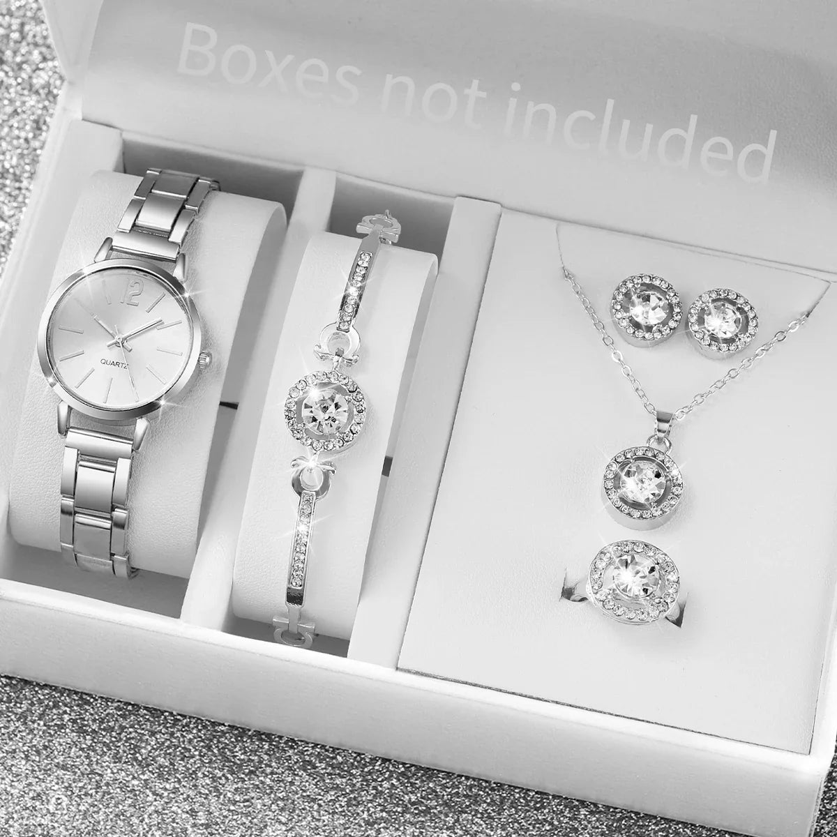 6-Piece Women's Quartz Watch Set – Stainless Steel & Rhinestone Women's Watch Set Qme Silver