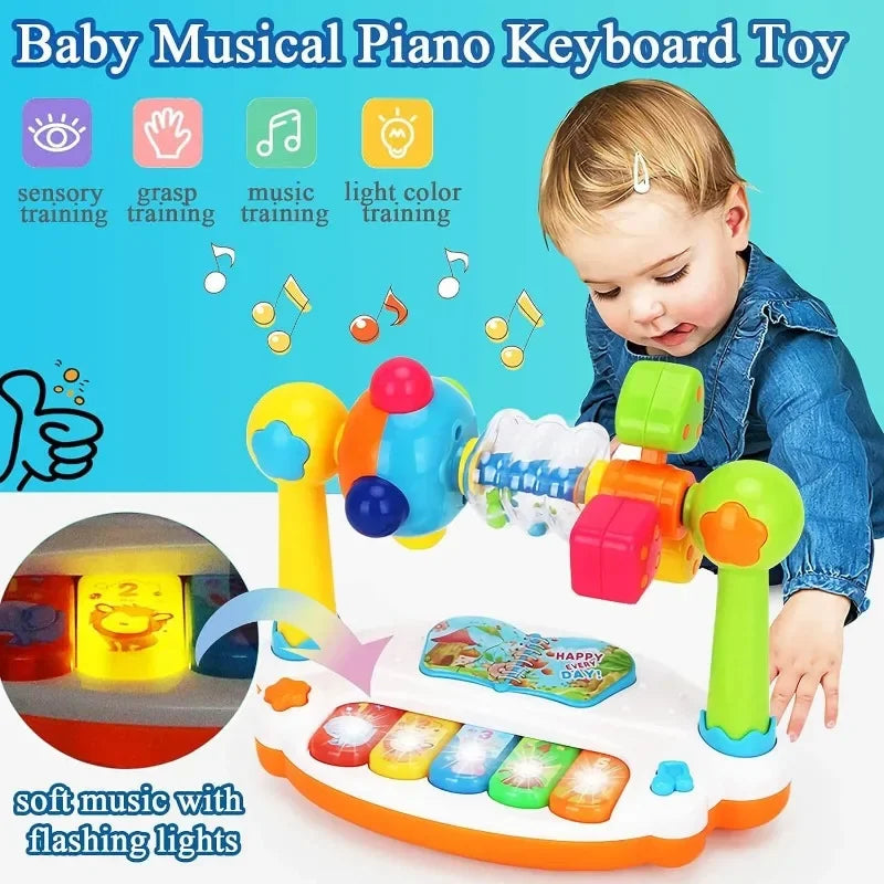 Baby Piano Toy – Rotating Music Keyboard with Lights & Sound Kids Musical Toy Qme