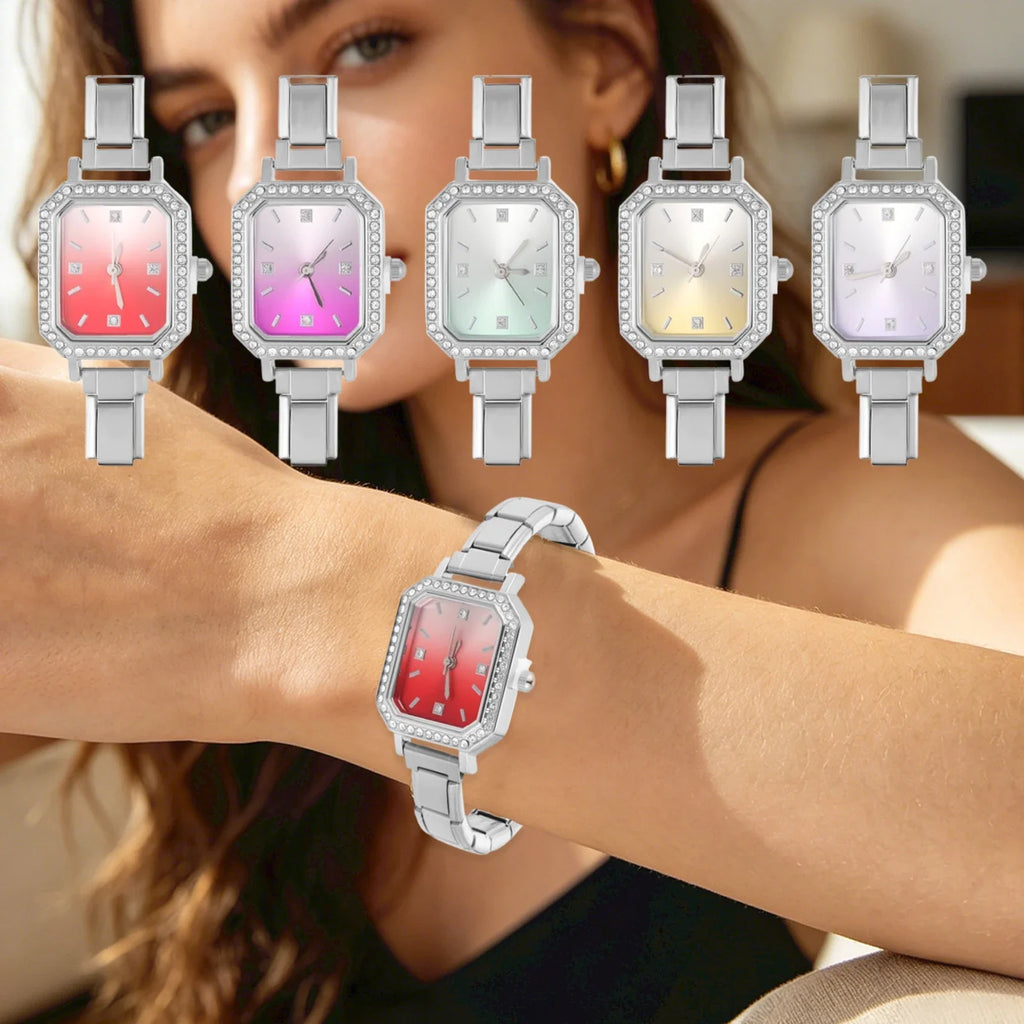 Y2K Zircon Square Watch – Women's Stainless Steel Colored Dial Bracelet Watch Qme