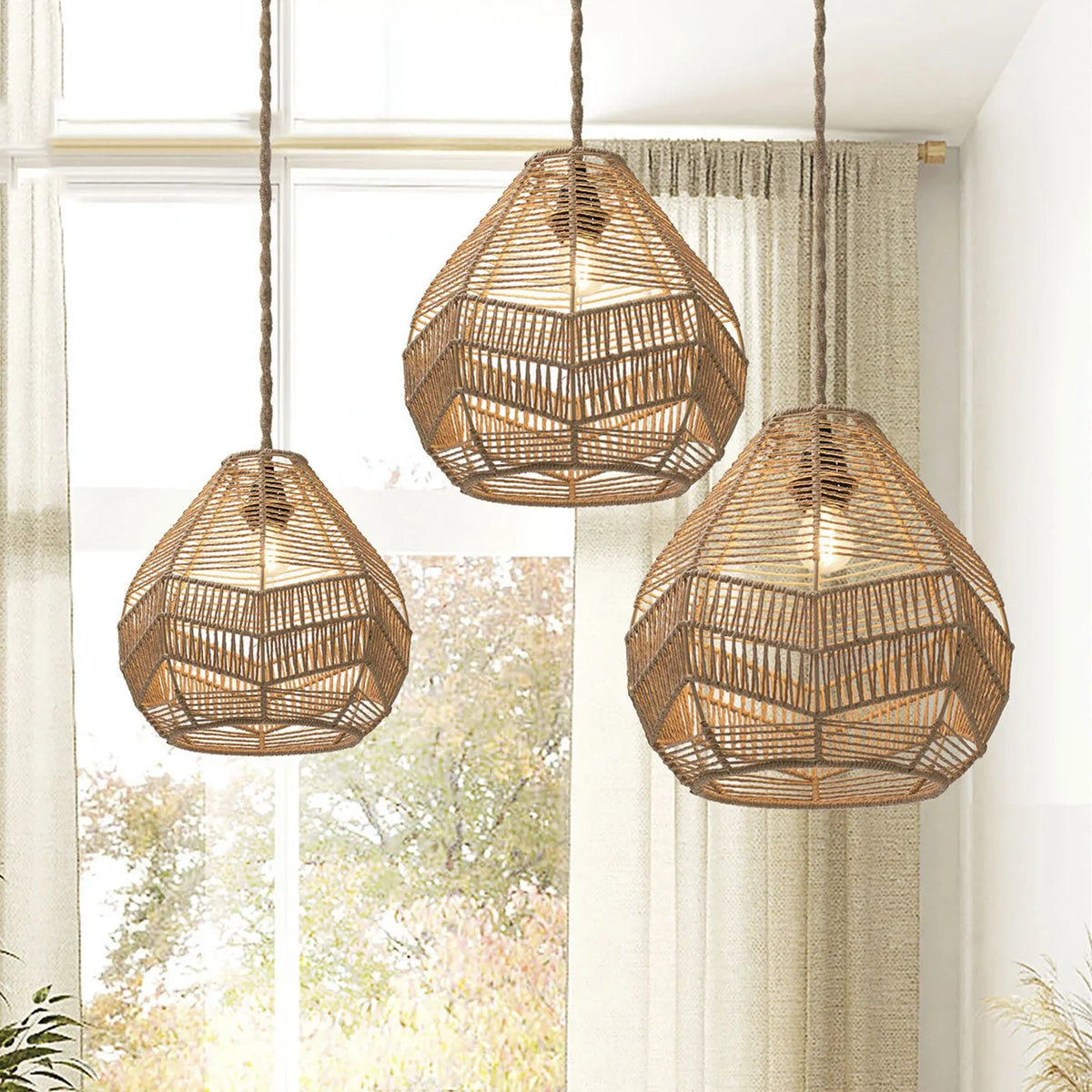 Woven Rattan-Inspired Vintage Pendant Lampshade | Boho Hanging Light Pendant Lampshade Qme