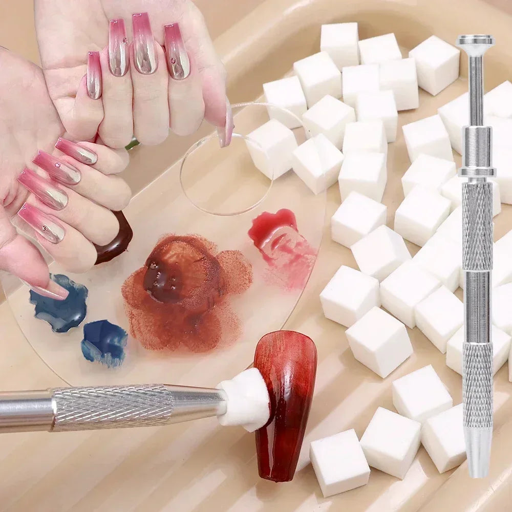 Nail Art Sponge Grabber Set – Square Blending Sponges & Metal Pen Nail Art Tool Set Qme