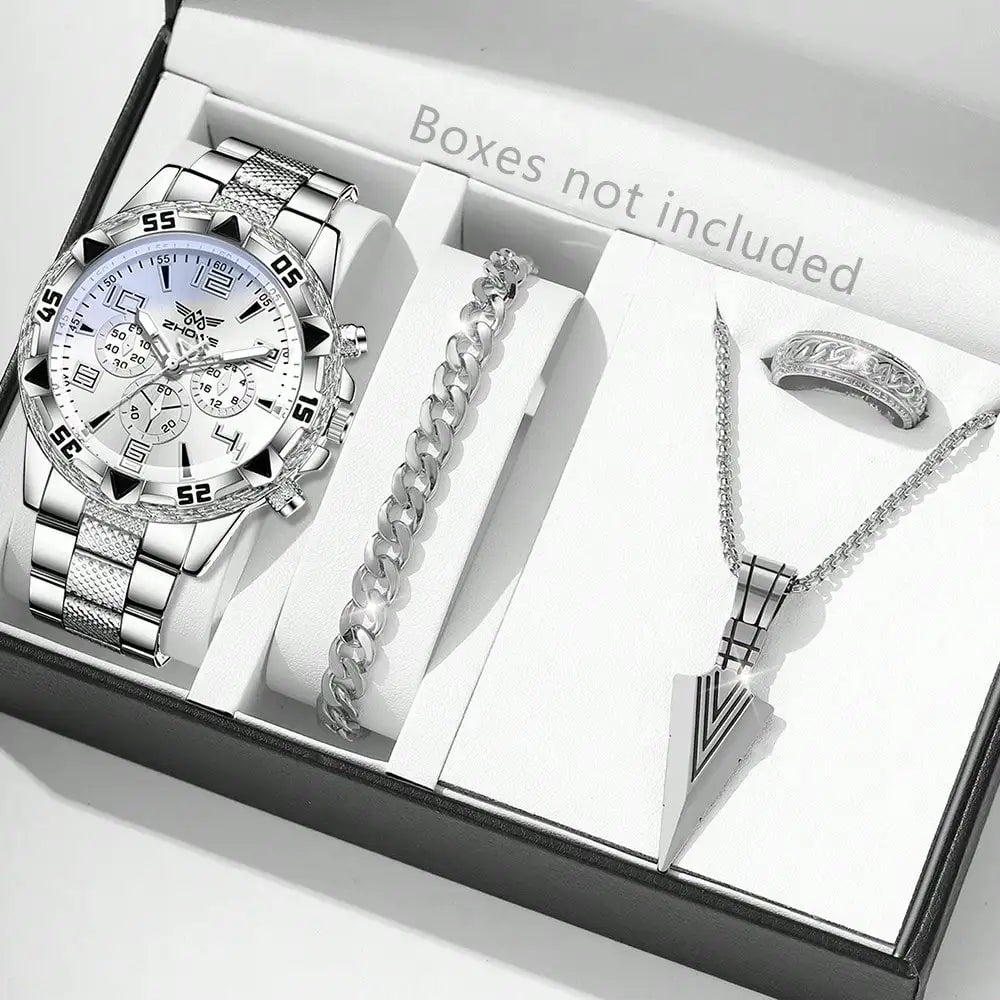 Men's Silver Quartz Watch & Bracelet Set | Mixed-Scale Dial Quartz Watch Set Qme Silver