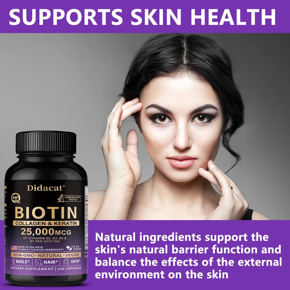 Biotin 25000mcg Capsules with Collagen & Keratin | Hair & Skin Beauty Supplement Capsules Qst
