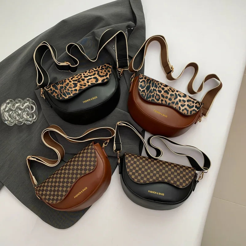 Boho Leopard Print Crossbody Bag – Trendy Wide Strap for Women Crossbody Shoulder Bag Qme
