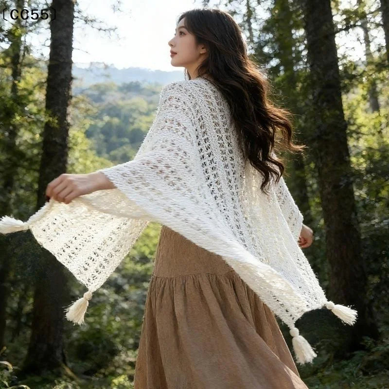 Women's Boho Crochet Lace Beach Cover-Up with Tassels Beach Cover-Up Qst